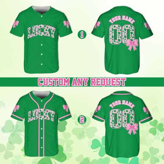 Personalized Lucky St Patrick Baseball Jersey, Custom Name Number Coquette Bow Shamrock Baseball Jersey, Irish Green St Patty's Day Gift