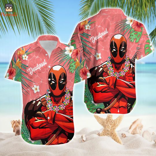 Deadpool Tropical Palm Hawaii Shirt, Superhero Hawaii Shirt, Summer Button Up Hawaiian Shirt, Disneyland Vacation Shirt, Family Trip Shirt