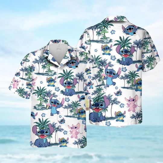 Stitch And Angel Button Shirt, Lilo And Stitch Hawaiian Shirt, Disney Family Vacation Shirt, Ohana Button Up Shirt, Gift For Fan