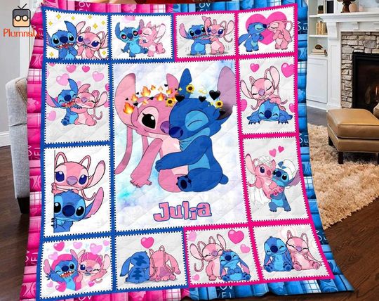 Stitch Angel Fleece Blanket | Stitch Angel Birthday Gifts | Valentine Gifts For Couples | Stitch Blanket | Angel Blanket | Couple Blanket