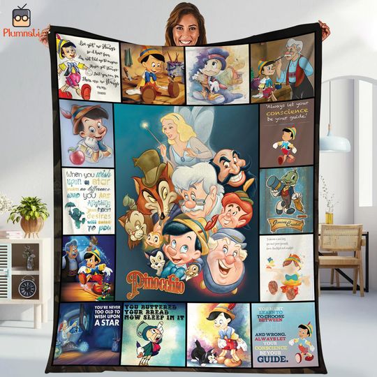 Personalized Disneyland Pinocchio Fleece Blanket, Figaro Jiminy Cricket Pinocchio Blanket, Magic Kingdom Blanket,Blankets For Bed Couch Sofa