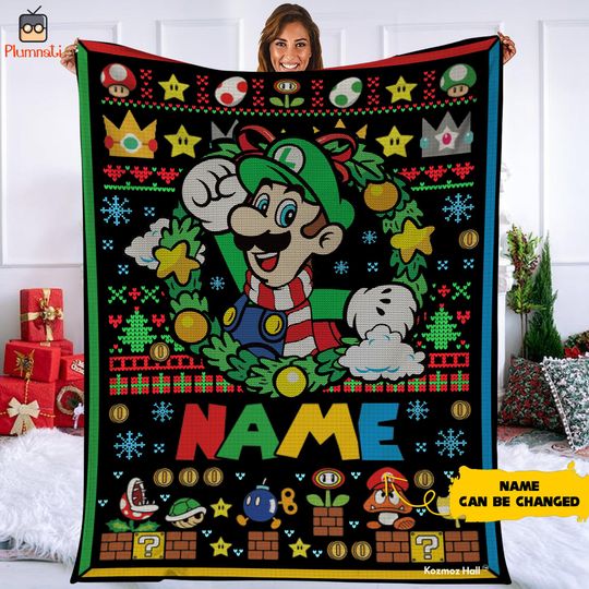 Personalized Super Mario Lugi Ugly Christmas Blanket, Mario Lugi Quilt Blanket, Super Mario Blanket, Super Mario Christmas Gift