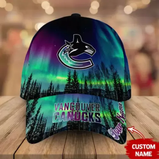 Personalized Vancouver Canucks Baseball Cap Northern Lights Hockey Hat Gift