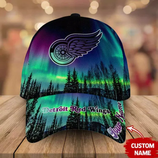 Personalized Detroit Red Wings Baseball Cap Northern Lights Hockey Hat Gift