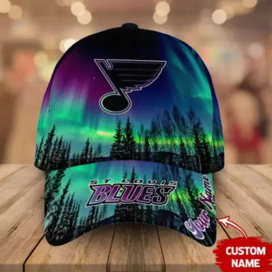 Personalized St Louis Blues Baseball Cap Northern Lights Hockey Hat Gift