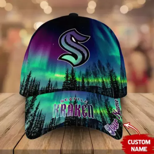 Personalized Seattle Kraken Baseball Cap Northern Lights Hockey Hat Gift