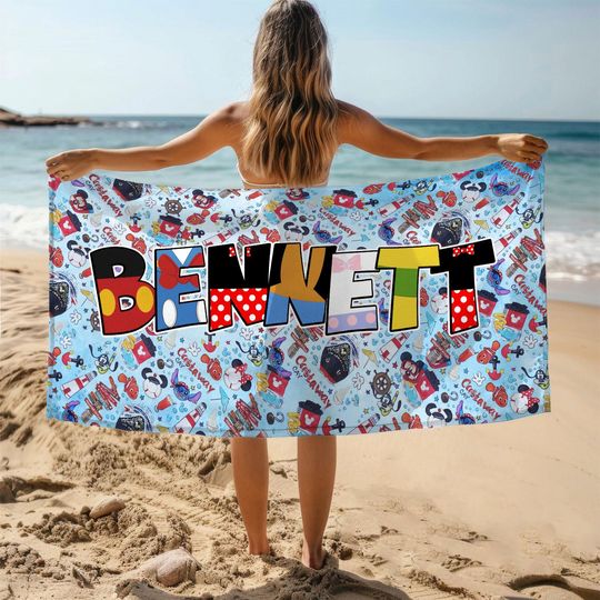 Personalized Disney Inspired Beach Towel, Custom Name Vacation Towel, Mickey Beach Towel, Kids Summer Beach Towel, Disney Cruise Beach Towel