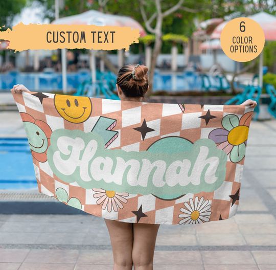 Retro 90's Personalized Beach Towel,90's Custom Beach Towel,Name Pool Towel,Groovy Beach Blanket,Vacation,Birthday Gift,Bachelorette Gift