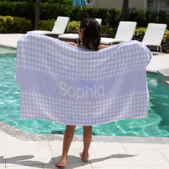 Gingham Beach Towel Name Bath Towel Personalized Kid Pool Towel Kid Birthday Gift Boy Gingham Towel Girl Seersucker Beach Towel Summer Camp