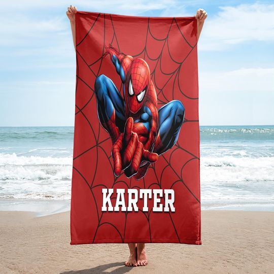 Personalized Spiderman Beach Towels, Custom Name Spiderman Hero Towel Gift For Kids, Spiderman Superhero Gift For Kids, Beach Towel