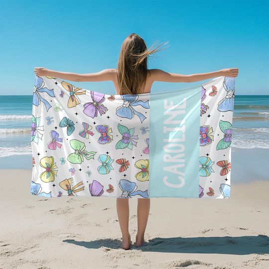Personalized Disney Princess Cute Ribbons And Bows Pastel Beach Towel, Disney Princess Coquette Bow Towel, Disney Luxury Towel