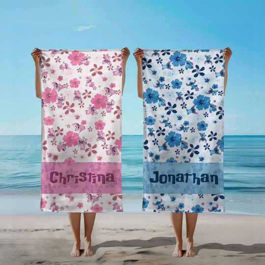 Retro Stitch Angel Aloha Floral Hawaiian Beach Towel, Cute Stitch Beach Towel, Disney Kid Towel Gift, Stitch Lover Gift, Stitch Bath Towel