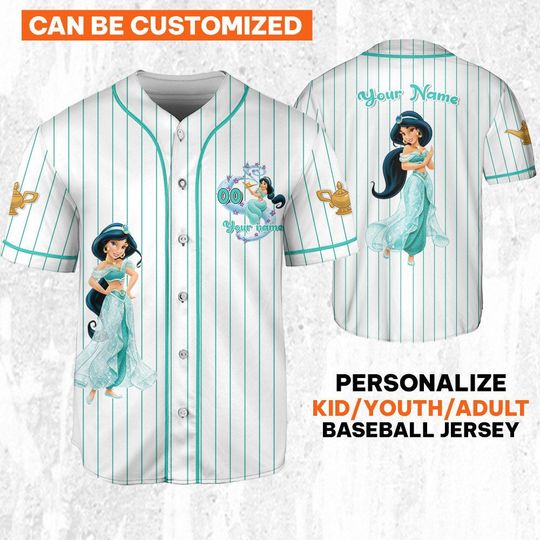 Personalize Disney Aladdin Princess Jasmine White Cyan Jersey, Custom Kid Youth Adult Baseball Jersey, Custom Disney Birthday Gift