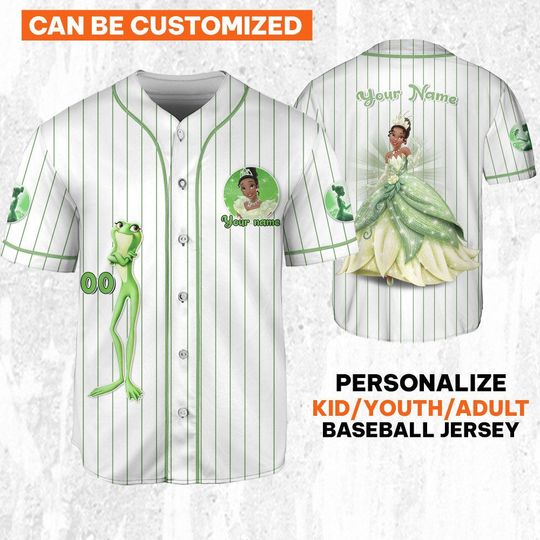Personalize Disney Princess Tiana White Green Jersey, Custom Kid Youth Adult Baseball Jersey, Custom Disney Shirt, Disney Birthday Gift