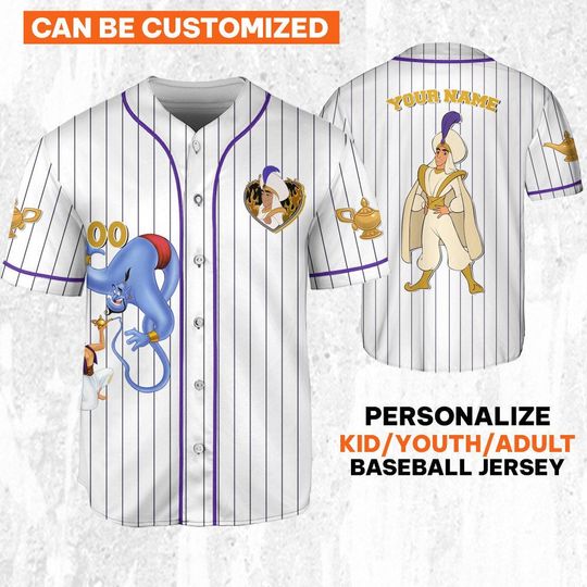 Personalize Disney Aladdin Prince Purple White Jersey, Custom Kid Youth Adult Baseball Jersey, Custom Disney Shirt, Disney Birthday Gift