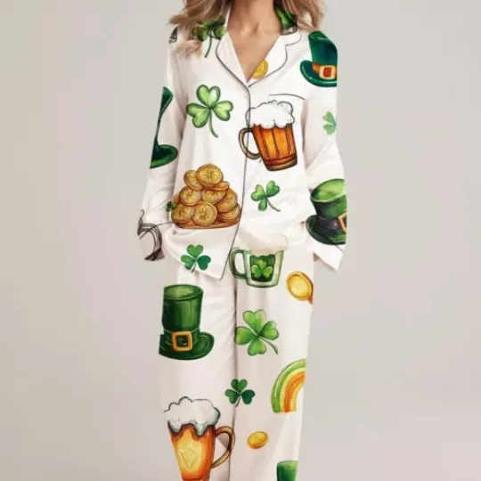 St. Patrick’s Day Satin Pajamas – Lucky Shamrock Sleepwear for Women Long Sleeve