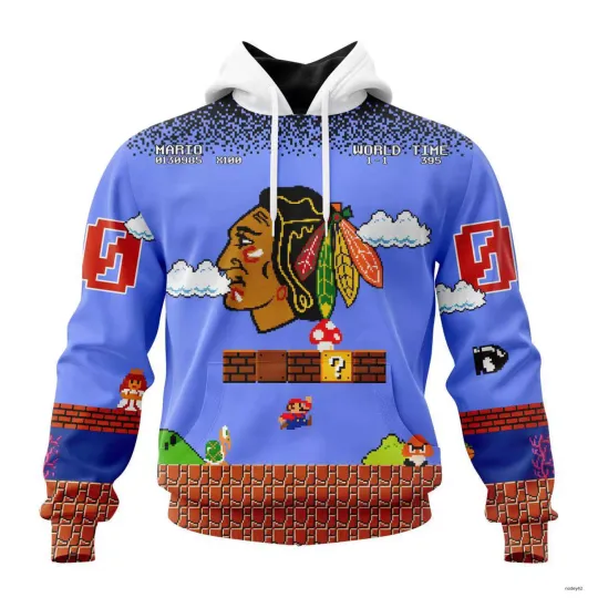 Personalized Chicago Blackhawks With Mario Game Unisex Hoodie, Hockey Team Gift