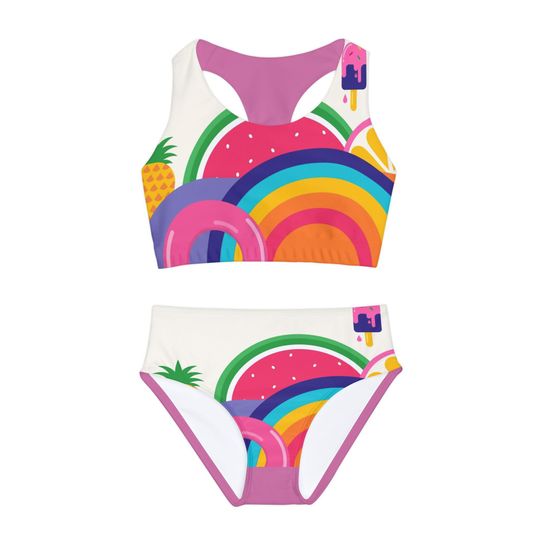 Colorful Girls Two Piece Swimsuit, Fun Summer Swim Set, Kids Beachwear, Pool Party Outfit, Tropical Summer Style, Vacation Ready