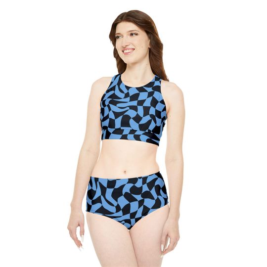 Geometric Pattern Sporty Bikini Set Blue - Women's Swimsuit, Two-Piece Bathing Suit, Beachwear, Summer Swimwear, Triangle Top and Bottom