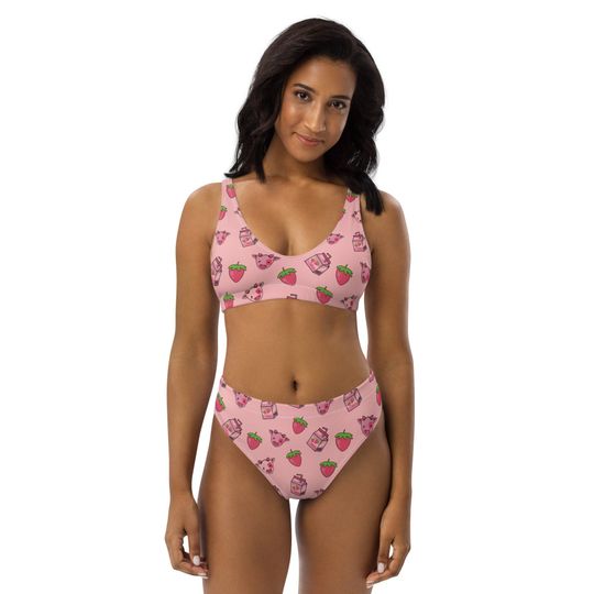 Sustainable Strawberry Milk Cow Pink High Waisted Bikini Set