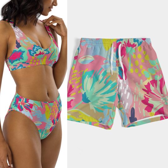 Couple Swimwear High Waisted Two-Piece Swimsuit (Pink Tropical Print)