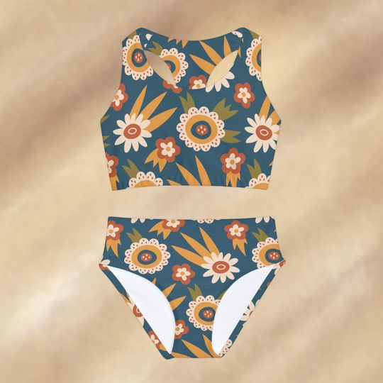 Tropical Racerback Bikini Girls Swimwear, Boho-Style Two-Piece Swimsuit Set, Summer Beachwear, Floral Bathing Suit, Kids Pool Outfit