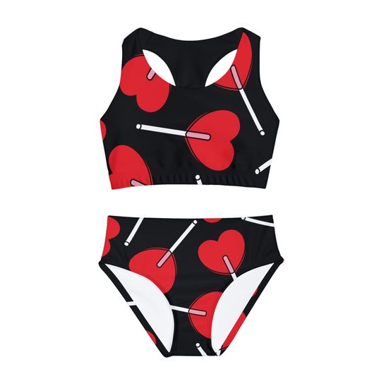 Girls Two Piece Swimsuit Lollipop Swimwear Black Bathing Suit Red Hearts Kids Swimwear