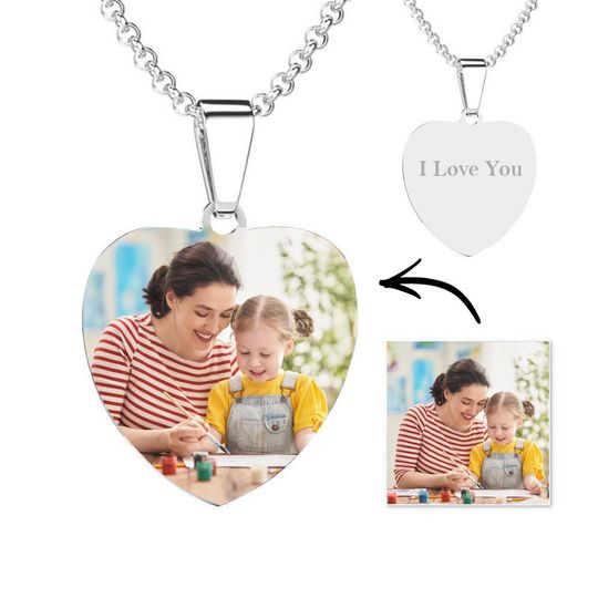 Engraved Heart Love Tag Photo Necklace Stainless Steel