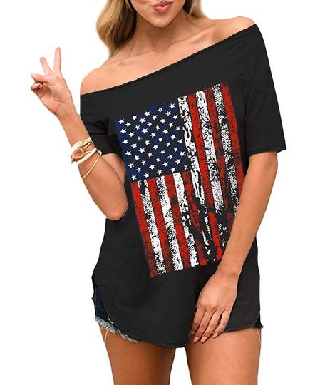 Roshop 4th of July Women Sexy Off Shoulder Patriotic American Flag Printed T Shirt