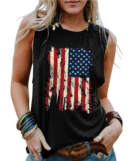 Discover American Flag Tank Top Women Patriotic Shirt USA Flag Stars Stripes Print Sleeveless T-Shirt 4th of July Tee Tops