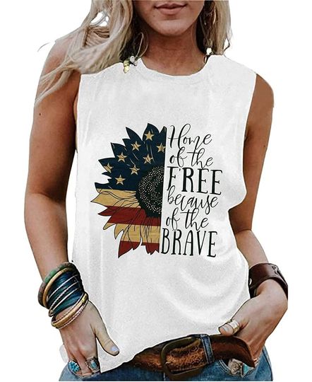 Sunflower American Flag Home of The Free Because of The Brave Tank Top Women 4th of July USA Patriotic Tee Shirt