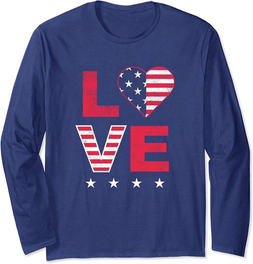 Discover American Flag Heart Red White Blue Cute 4th of July Top Long Sleeve Long Sleeves