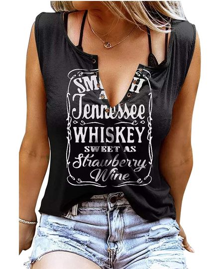 Smooth As Tennessee Whiskey Sweet As Strawberry Wine Tank Tops Womens Country Music Summer V Neck Sleeveless Tee Shirts