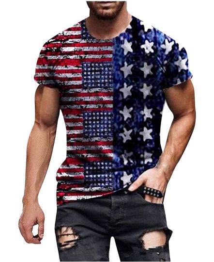 American Flag T-Shirt Men's Patriotic Shirt USA Flag Stars Stripes Print Short Sleeve Tee Shirt 4th of July Tops