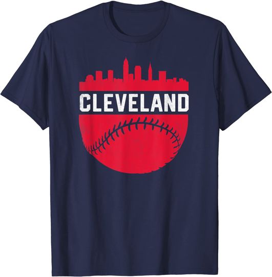 Vintage Downtown Cleveland Ohio Skyline Baseball T-Shirt