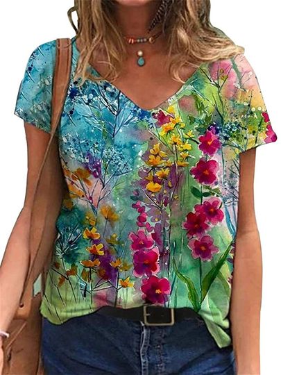 Woxlica Flower Printed T Shirts for Women Short Sleeve Summer Tops