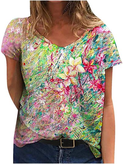 Short Sleeve, Printed V-Neck Tshirts Blouse Summer Casual Tops Loose Fit Graphic Tees