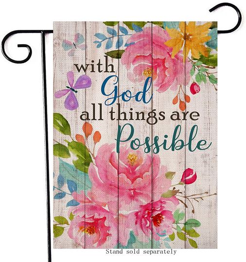 Artofy with God all Things are Possible Decorative Summer Fall Garden Flag, Religious Peony Flower Outdoor Decor Inspirational Small Butterfly Flag, House Yard Home Outside Farmhouse Decoration 12x18