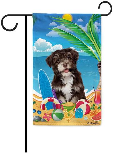 BAGEYOU Hello Summer My Love Dog Funny American Bulldog on The Beach House Flag Children Toys Lemon Juice Watermelon Flip Flop Tropical Palm Decor Banner for Outside 28X40 Inch Print Double Sided