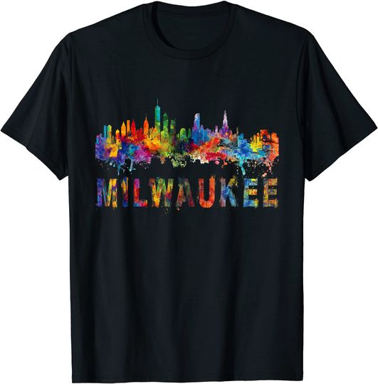 Milwaukee Wisconsin Retro Watercolor Skyline Funny T-Shirt