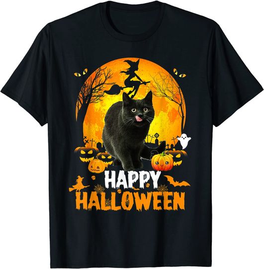 Black Cat Happy Halloween Day With the Moon And Pumpkin T-Shirt