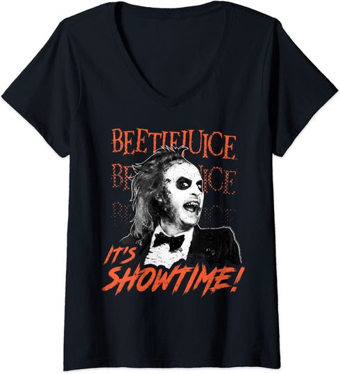Beetlejuice Text Stack It's Showtime Portrait V-Neck T-Shirt