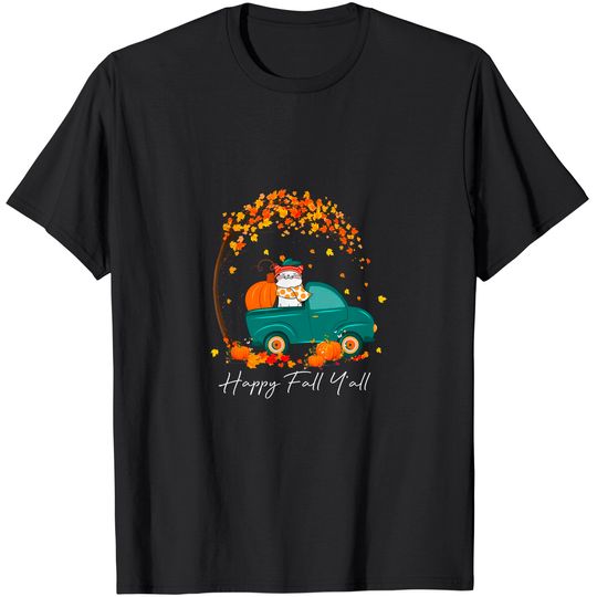Discover Happy Fall Y'All Pumpkin Pickup Truck Cat Kitty Thanksgiving T-Shirt