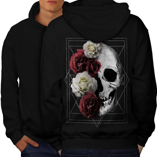 Skull With Flower Hoodie Wellcoda Skull Rose Flowers Mens Hoodie, Devil Printed on The Jumpers Back