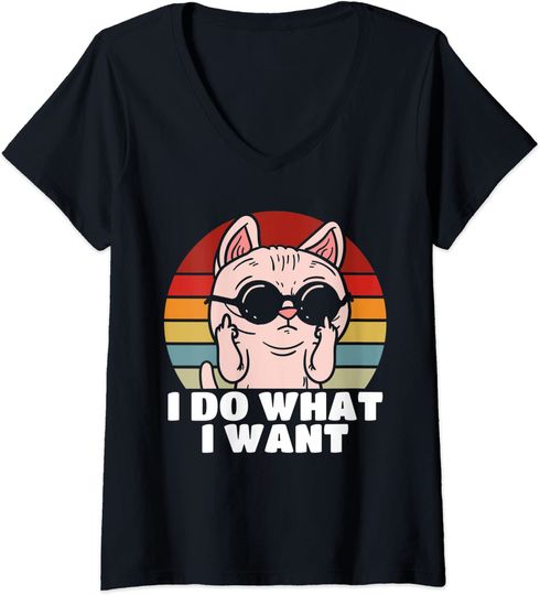 Cat Middle Finger I Do What I Want Sunglasses Funny V-Neck T-Shirt