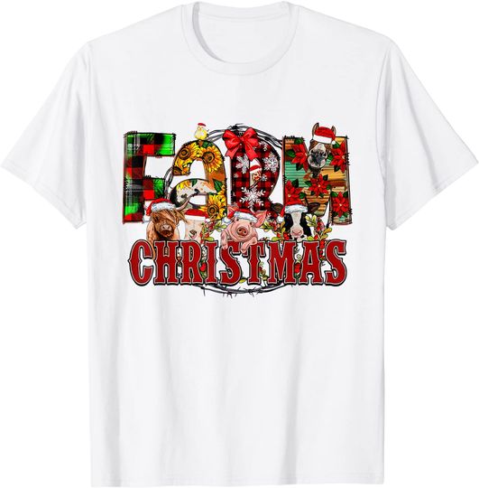 Red And White T-shirt Vintage Farm Christmas Tree Plaid Red Leopard Xmas Santa