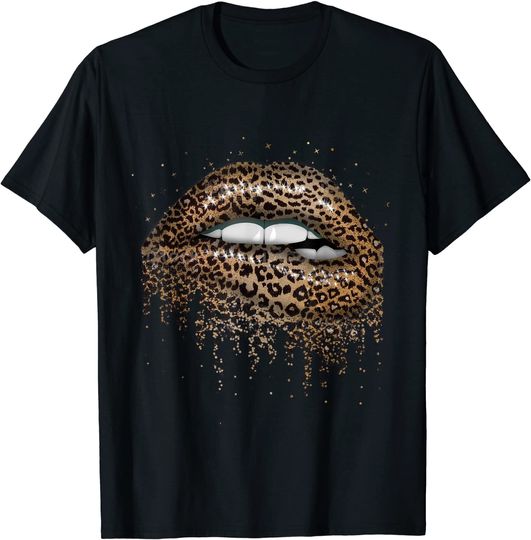 Womens Cool Lips Bite Kiss Me Leopard Print Cheetah T-Shirt