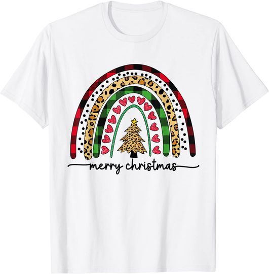 Merry And Bright Leopard Rainbow Christmas Funny Santa Hat T-Shirt