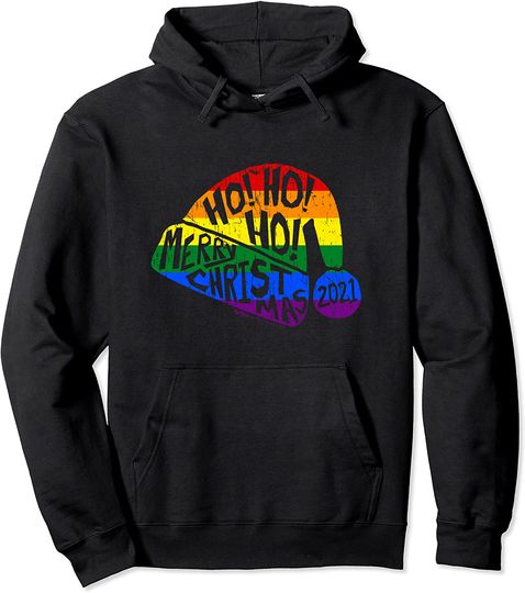 Vintage Gay Hoodie Ho! Ho! Ho! Marry Santa Hat Rainbow Gay Pride Pullover