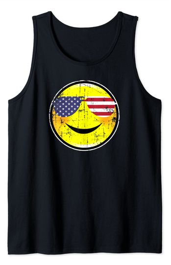 Smile Face Tank Top Vintage Patriotic Smiley Face Happy Face USA Flag Sunglasses